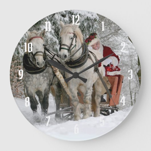 Santa Claus rides in a Horse sleigh Große Wanduhr (Vorderseite)