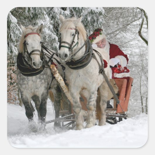 Santa Claus rides in a Horse sleigh Quadratischer Aufkleber (Vorderseite)