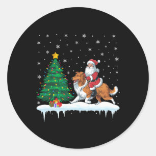 Santa Claus Riding Bartded Collie Dog Boys Girls C Runder Aufkleber