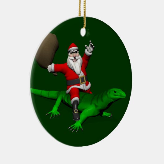 Santa Claus Riding Green Lizard Keramik Ornament (Rechts)