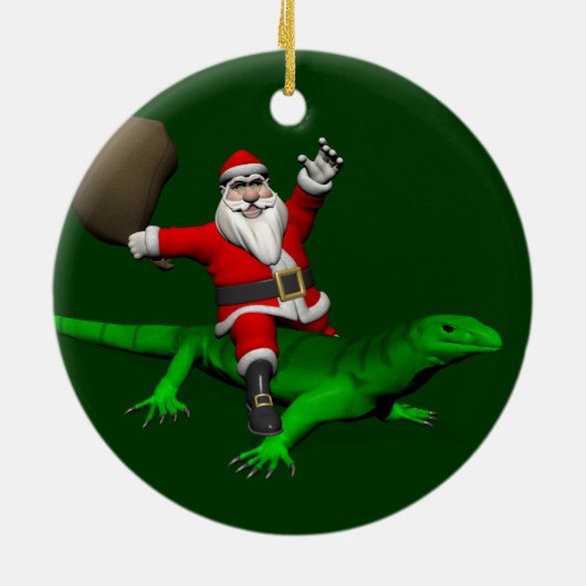 Santa Claus Riding Green Lizard Keramikornament (Hinten)