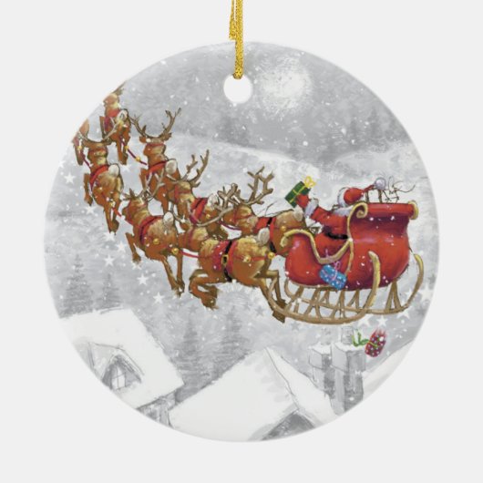 Santa Claus riding on sleigh with gift box Keramik Ornament (Hinten)