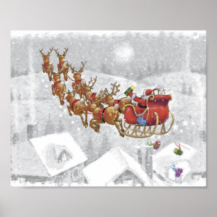 Santa Claus riding on sleigh with gift box Poster