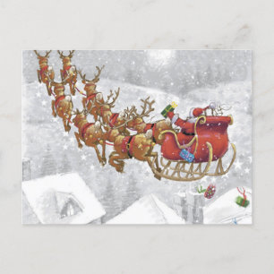 Santa Claus riding on sleigh with gift box Postkarte