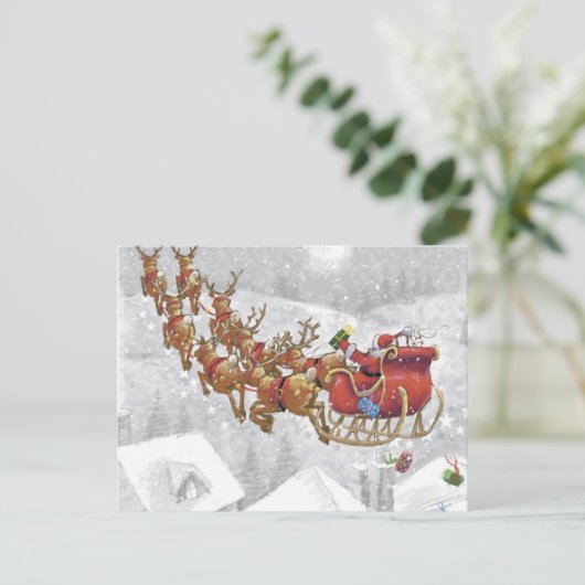 Santa Claus riding on sleigh with gift box Postkarte (Stehend Vorderseite)