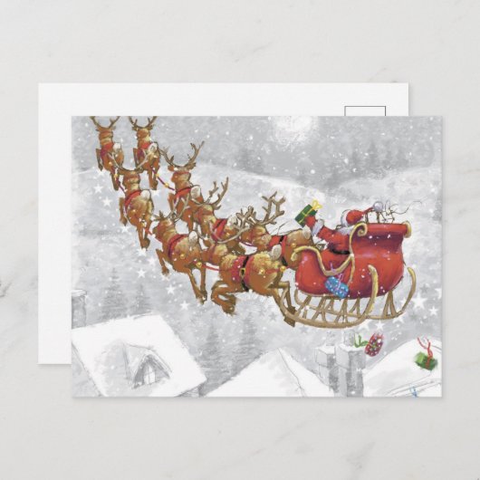 Santa Claus riding on sleigh with gift box Postkarte (Vorne/Hinten)