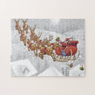 Santa Claus riding on sleigh with gift box Puzzle