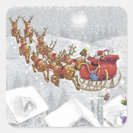 Santa Claus riding on sleigh with gift box Quadratischer Aufkleber