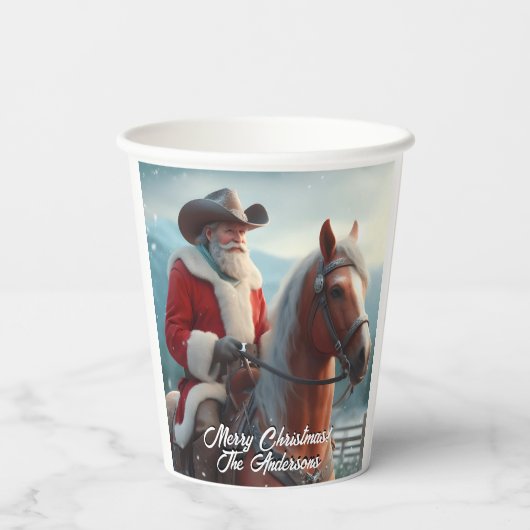 Santa Claus Riding Western Weihnachten Pappbecher (Rückseite)