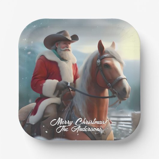 Santa Claus Riding Western Weihnachten Pappteller (Vorderseite)