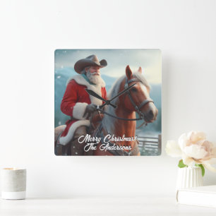 Santa Claus Riding Western Weihnachten Quadratische Wanduhr