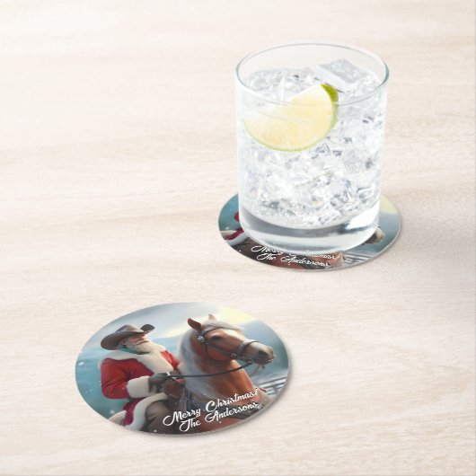 Santa Claus Riding Western Weihnachten Runder Pappuntersetzer (Vor Ort)