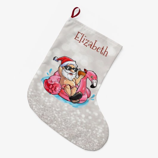 Santa Claus, rosa Flamings, Glittery Bokeh Großer Weihnachtsstrumpf (Vorderansicht (hängend))