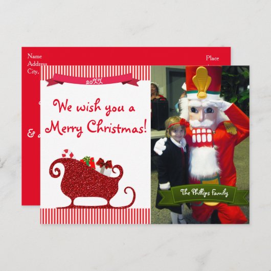 Santa Claus Roter Glitzer Sleigh Foto Postkarte (Vorne/Hinten)
