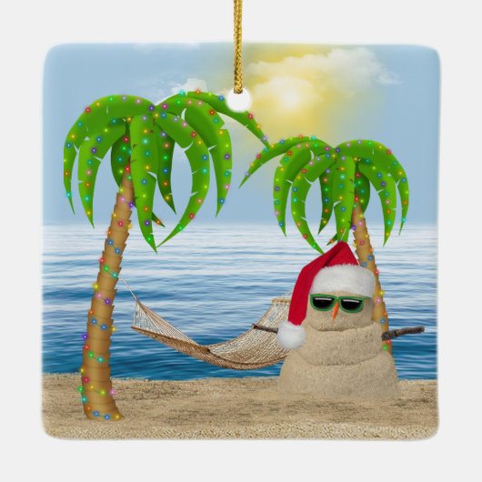Santa Claus Sandman am Strand von Tropical Keramikornament (Rückseite)