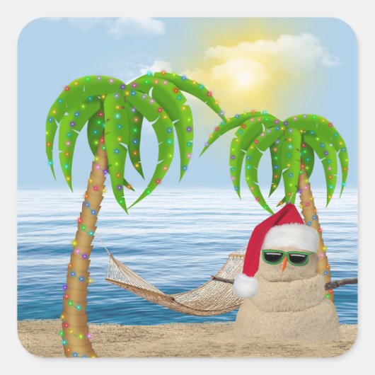 Santa Claus Sandman am Strand von Tropical Quadratischer Aufkleber (Vorderseite)