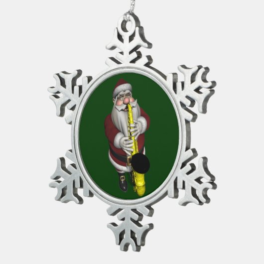 Santa Claus Saxophon spielen Schneeflocken Zinn-Ornament (Rechts)