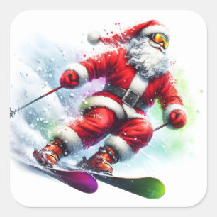 Santa Claus Skifahren auf dem Snowy Mountain Quadratischer Aufkleber