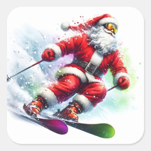 Santa Claus Skifahren auf dem Snowy Mountain Quadratischer Aufkleber (Vorderseite)