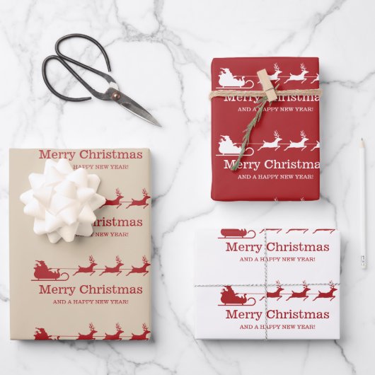 Santa Claus Sleigh and Rentiers & Custom Text Geschenkpapier Set (Vorderseite)