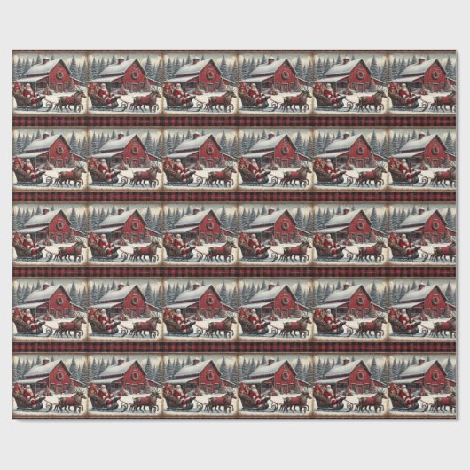 Santa Claus Sleigh Reindeer Barn Weihnachtsland Geschenkpapier (Flach)