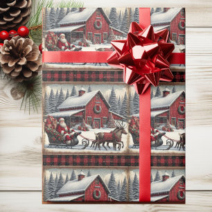 Santa Claus Sleigh Reindeer Barn Weihnachtsland Geschenkpapier