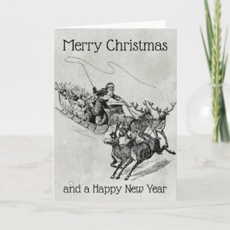 Santa Claus Sleigh & Reindeer Old World Monochrome Feiertagskarte