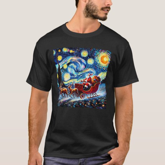 Santa Claus Sleigh Van Gogh Starry Night T-Shirt (Vorderseite)