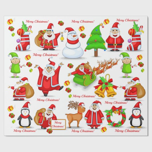 Santa Claus Snowman Elves Reindeer Penguin Geschenkpapier (Flach)