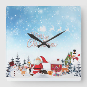 Santa Claus, Snowman Merry Christmas Holiday Quadratische Wanduhr