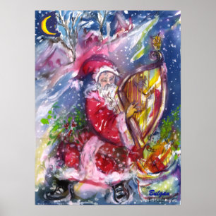 SANTA CLAUS SPIELEN HARP IN MONLIGHT Weihnachten Poster