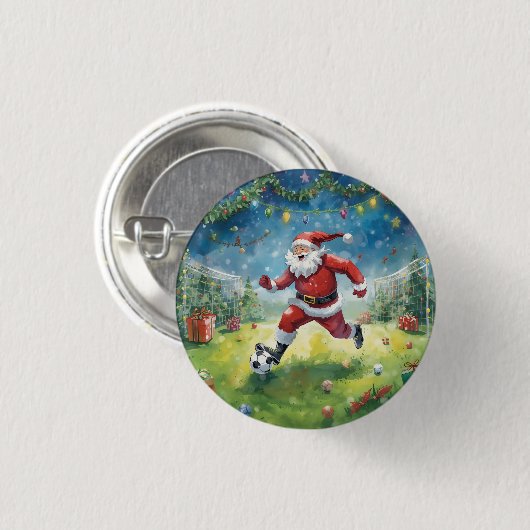 Santa Claus spielt Fußball Weihnachtsfeld Button (Vorne & Hinten)