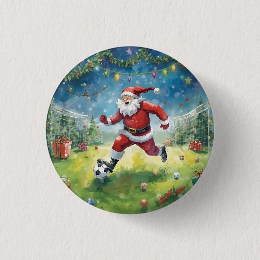 Santa Claus spielt Fußball Weihnachtsfeld Button (Vorderseite)