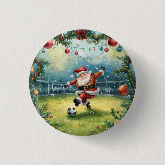 Santa Claus spielt Fußball Weihnachtsfeld Button (Vorderseite)