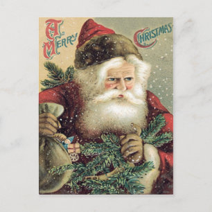 Santa Claus Spielzeugsack Immergrüner Zweig Feiertagspostkarte