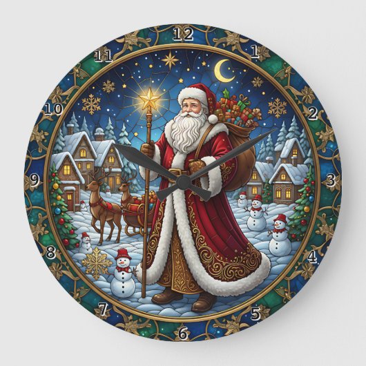 Santa Claus Stained Glass Holiday Scene Große Wanduhr (Vorderseite)