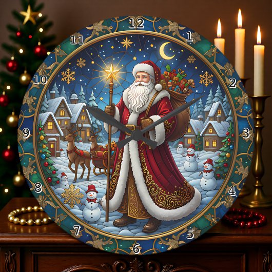 Santa Claus Stained Glass Holiday Scene Große Wanduhr