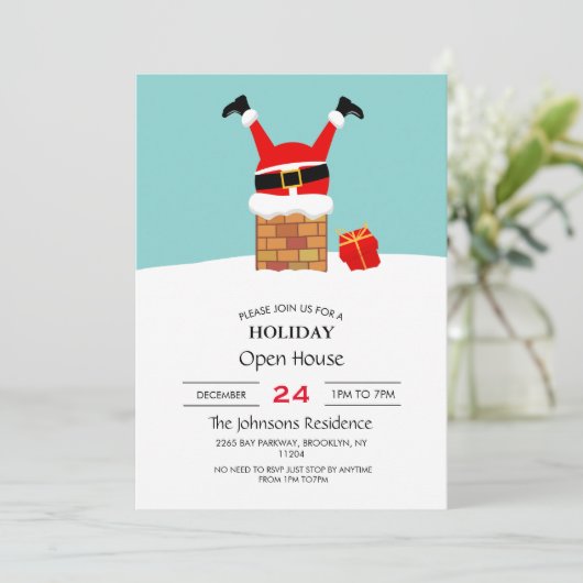 Santa Claus stuck in the chimney on the roof Einladung (Stehend Vorderseite)