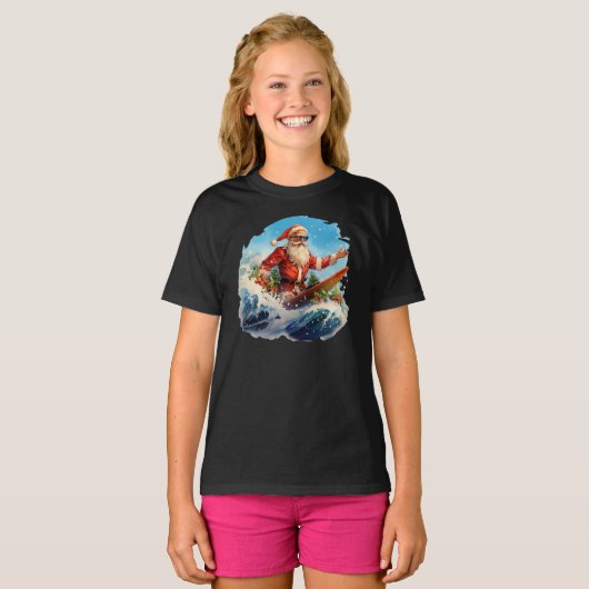 Santa Claus Surfing Shredding Waves Girls T - Shir T-Shirt (Vorne ganz)
