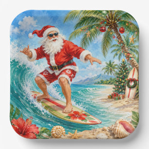 Santa Claus Surft am Strand Weihnachtsfeier  Pappteller