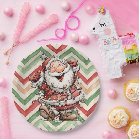 Santa Claus Tangled In Christmas Lights Pappteller (Party)