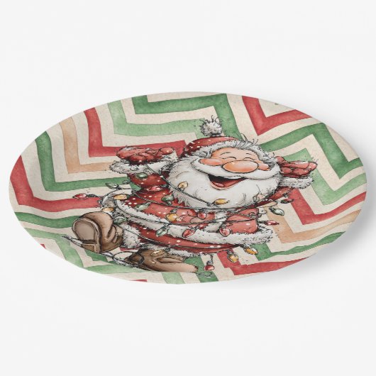 Santa Claus Tangled In Christmas Lights Pappteller (Schrägansicht)