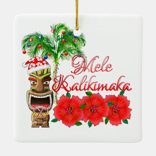 Santa Claus Tiki Mele Kalikimaka Keramikornament (Rückseite)