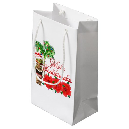 Santa Claus Tiki Mele Kalikimaka Kleine Geschenktüte (Rückseite Schrägansicht)