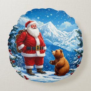 Santa Claus trifft freundlichen Bären im schneebed Rundes Kissen