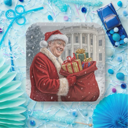 Santa Claus Trump mit Geschenktasche Pappteller (Party)