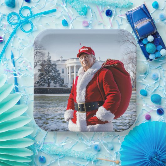 Santa Claus Trump mit rotem Sack Pappteller (Party)