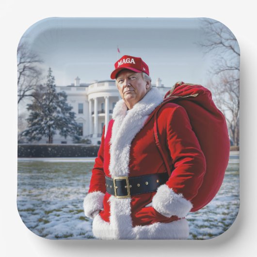 Santa Claus Trump mit rotem Sack Pappteller (Vorderseite)