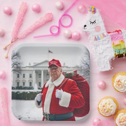 Santa Claus Trump mit rotem Sack Pappteller (Party)