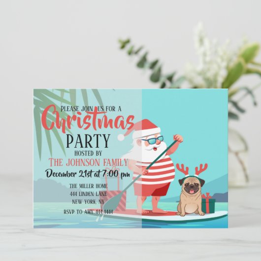 Santa Claus und His Pug Wir haben Surfboard Einladung (Stehend Vorderseite)
